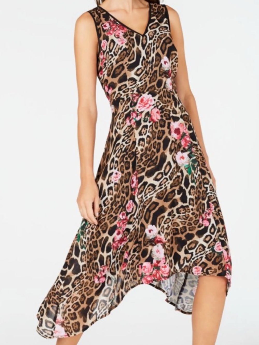 INC International Concepts Pink Floral on Brown Leopard Midi Dress size 4